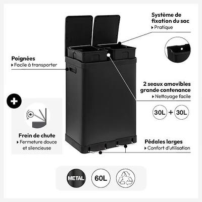 POUBELLE DE TRI 2 BACS A PEDALE ARIANE 30L NOIR