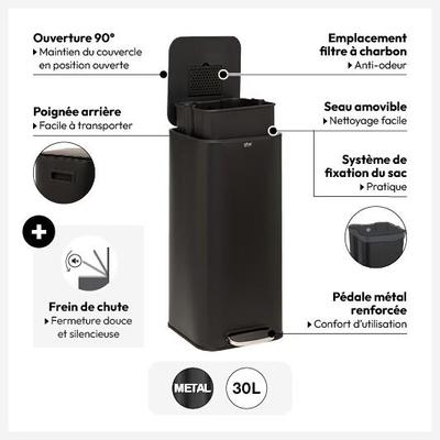 POUBELLE A PEDALE CARREE DELTA 30L METAL NOIR