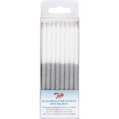 BOUGIES PAILLETTES D'ARGENT AVEC SUPPORT 24PCS.