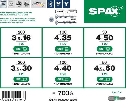 SPAX ASSORTIMENT VIS WIROX EN BOX (700 PCES)